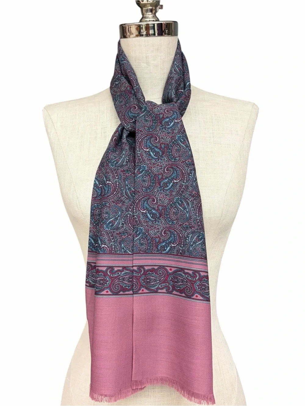 Vintage Wool Paisley Scarf Dusty Rose Blue Gray Fringe Wrap 100% Wool